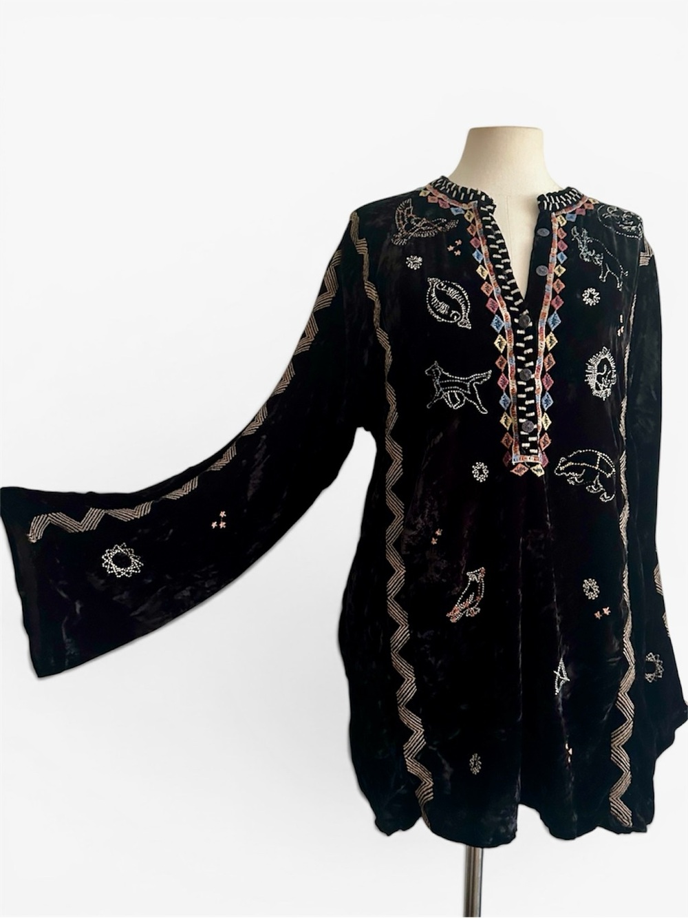 Johnny Was Lyra Silk-blend Tunic Blouse Black Embroidered Velvet Peasant Top L